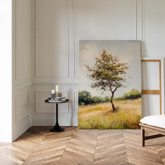 Rustic Tree Wall Art Country Meadow Landscape Print Warm Nature Painting Serene Pastoral Decor Golden Field Wall Art
