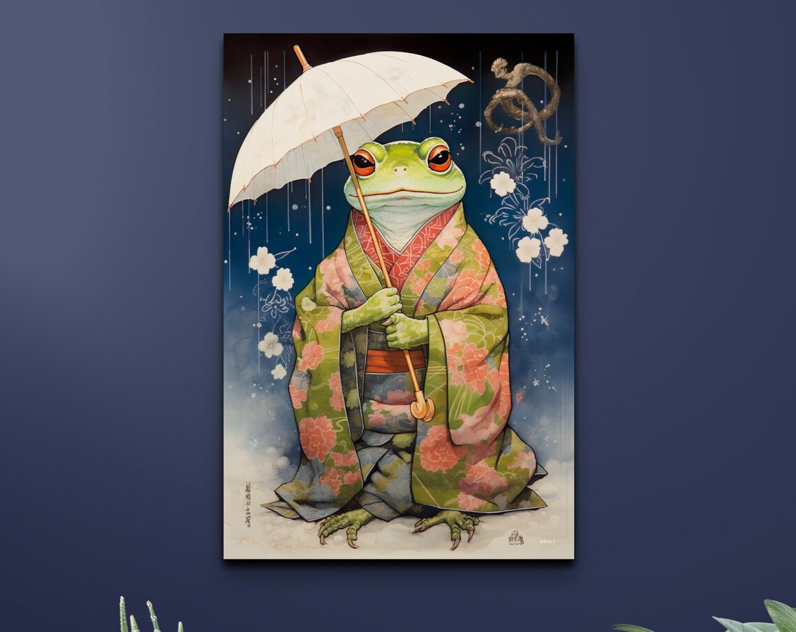 Japanese Frog In Kimono Holding Umbrella In The Rain Art Poster