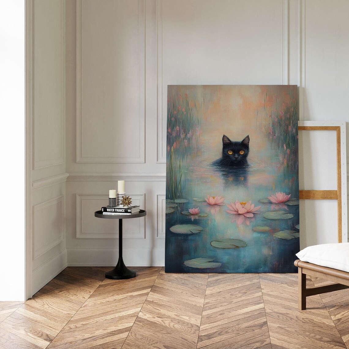 Black Cat Swimming In Water Lily Pond Mystical Feline Wall Art