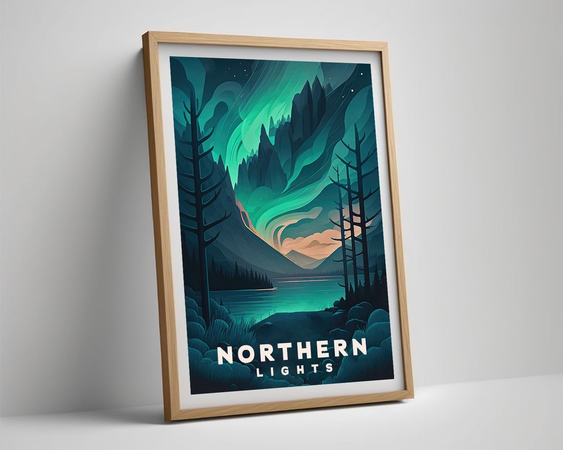 Northern Lights Aurora Mountain Lake Starry Night Sky Travel Poster - Image 2