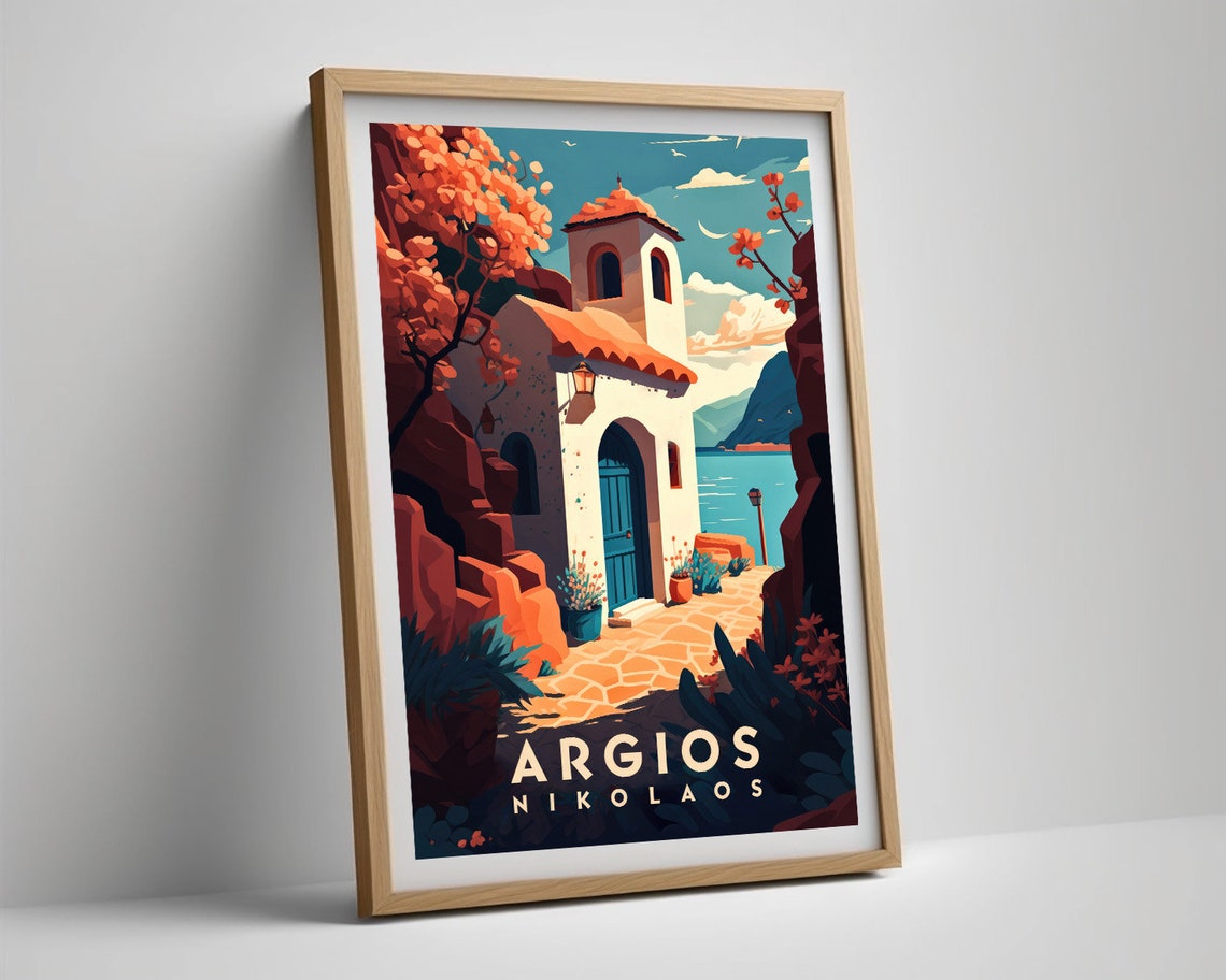 Argios Nikolaos Greece White Chapel Blue Door Seaside Travel Poster - Image 5