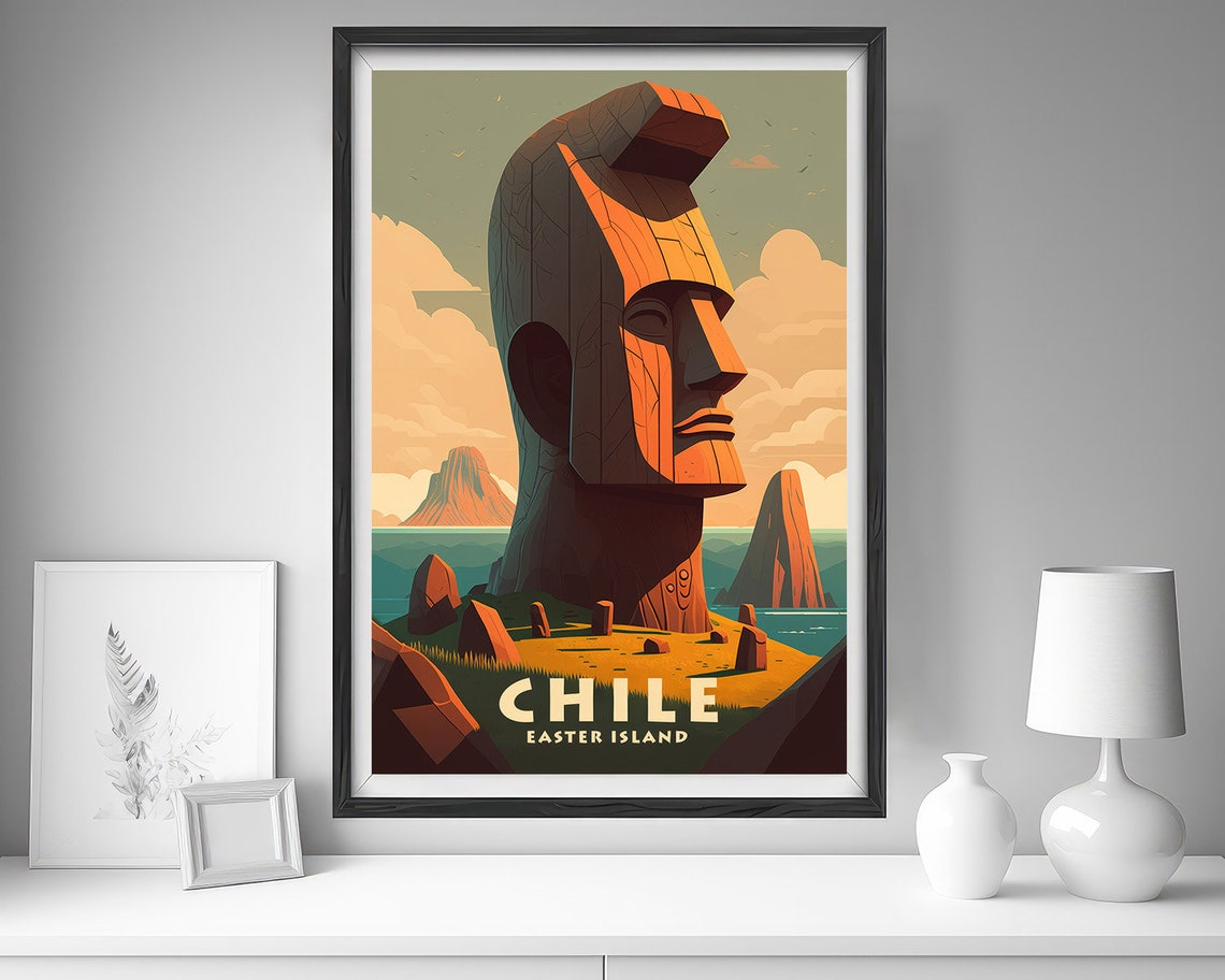 Chile Easter Island Moai Statue Sunset Ancient Retro Travel Poster - Image 2