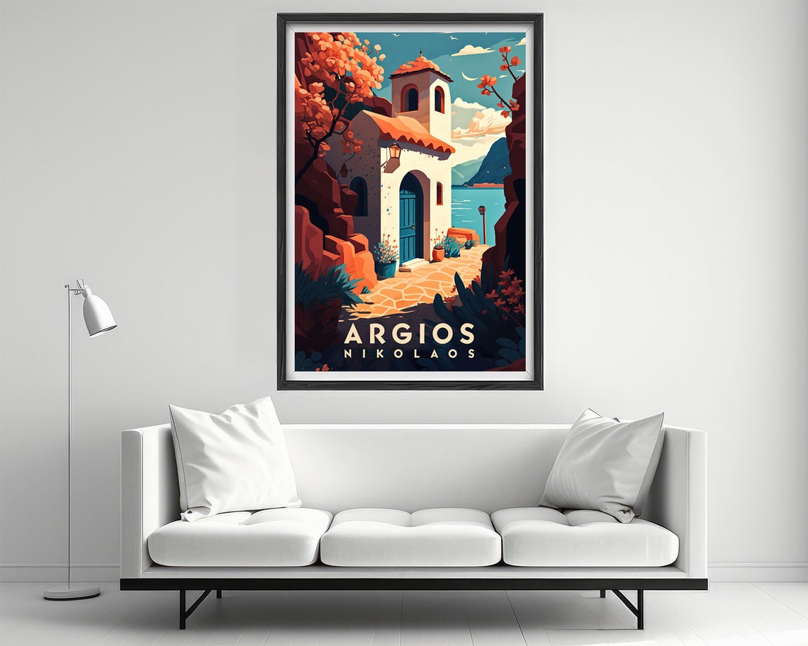 Argios Nikolaos Greece White Chapel Blue Door Seaside Travel Poster - Image 2