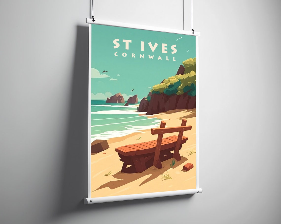 St Ives Cornwall Vintage Travel Poster Beach Bench Sea View Art - Image 3