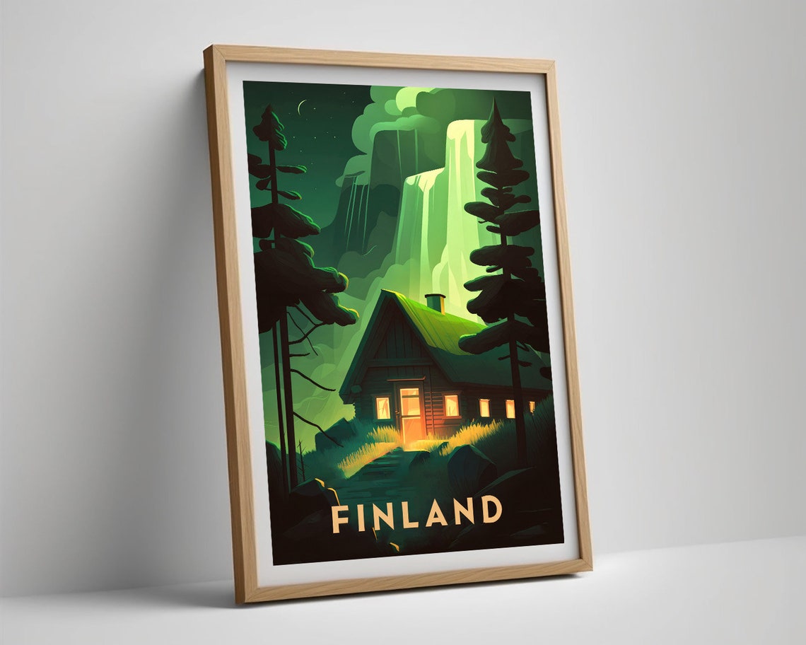 Finland Night Cabin Under Northern Lights Vintage Travel Poster - Image 5