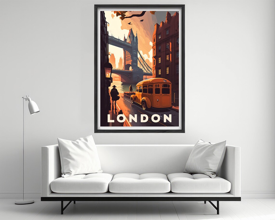 London Tower Bridge Vintage Bus Thames River Sunset Travel Poster - Image 2