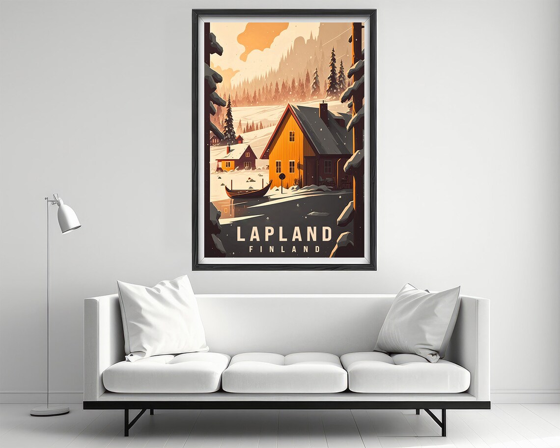 Lapland Finland Snowy Cabin Frozen Lake Vintage Winter Travel Poster - Image 2