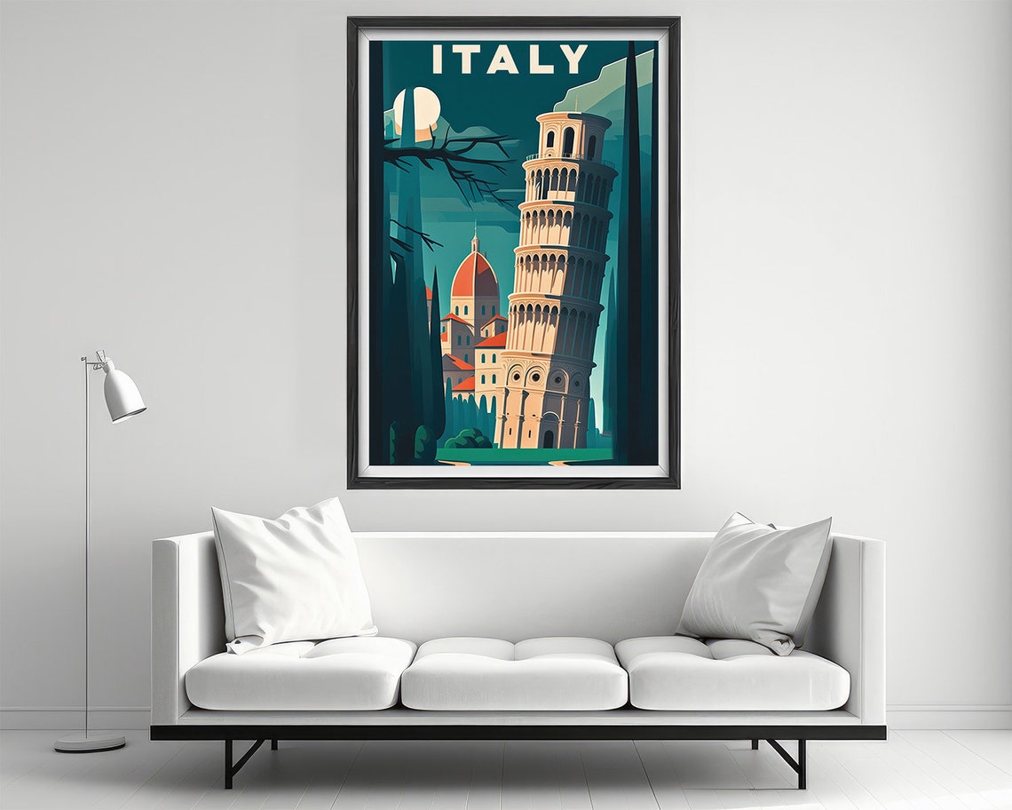 Italy Leaning Tower of Pisa Moonlit Night Skyline Travel Poster - Image 2