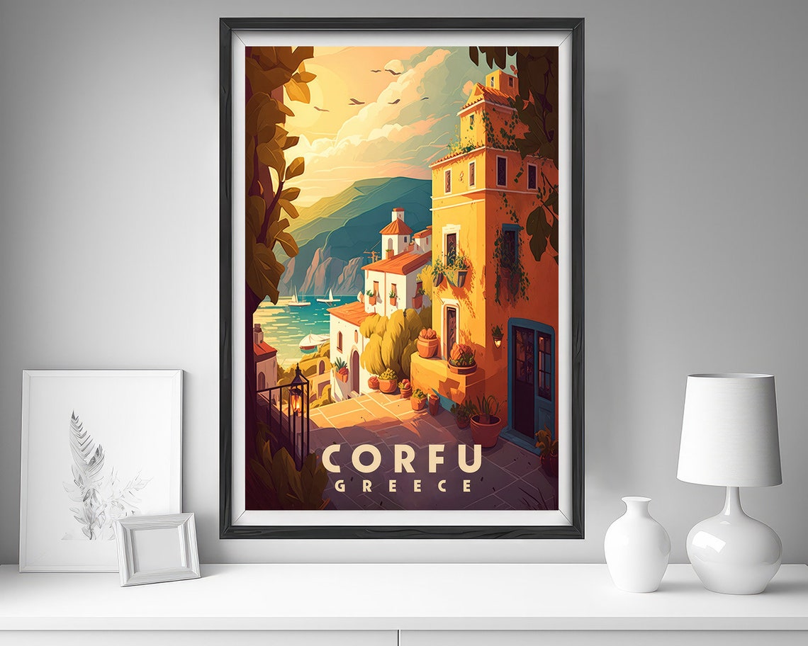 Corfu Greece Coastal Village Island Sunset Retro Travel Poster Art - Image 4