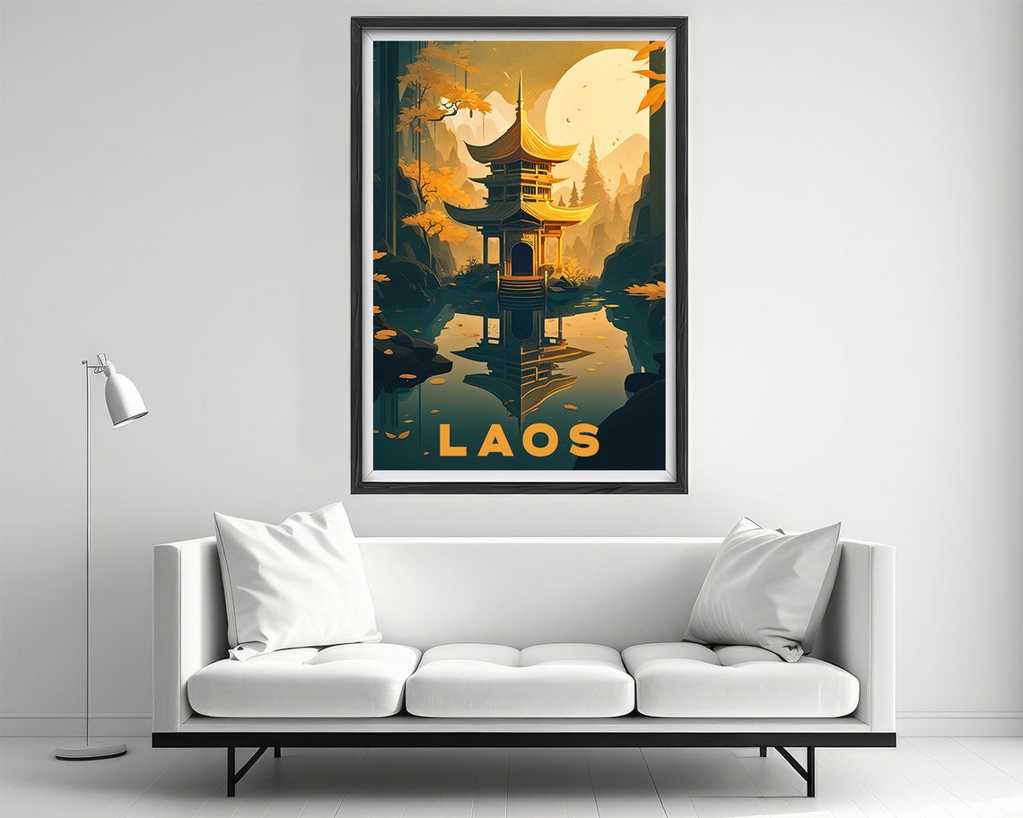 Laos Golden Pagoda Reflecting Lake Sunset Retro Travel Poster - Image 2
