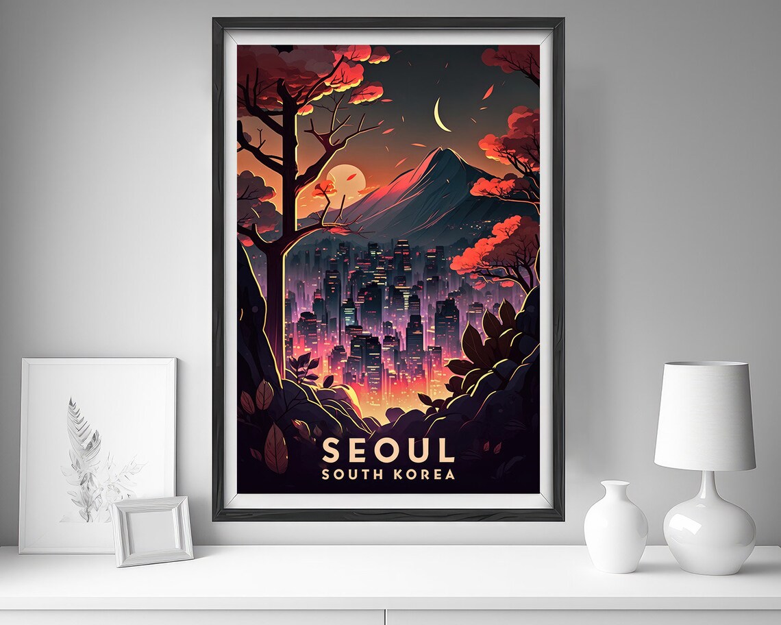 Seoul South Korea Vintage Travel Poster Neon City Skyline Art - Image 4