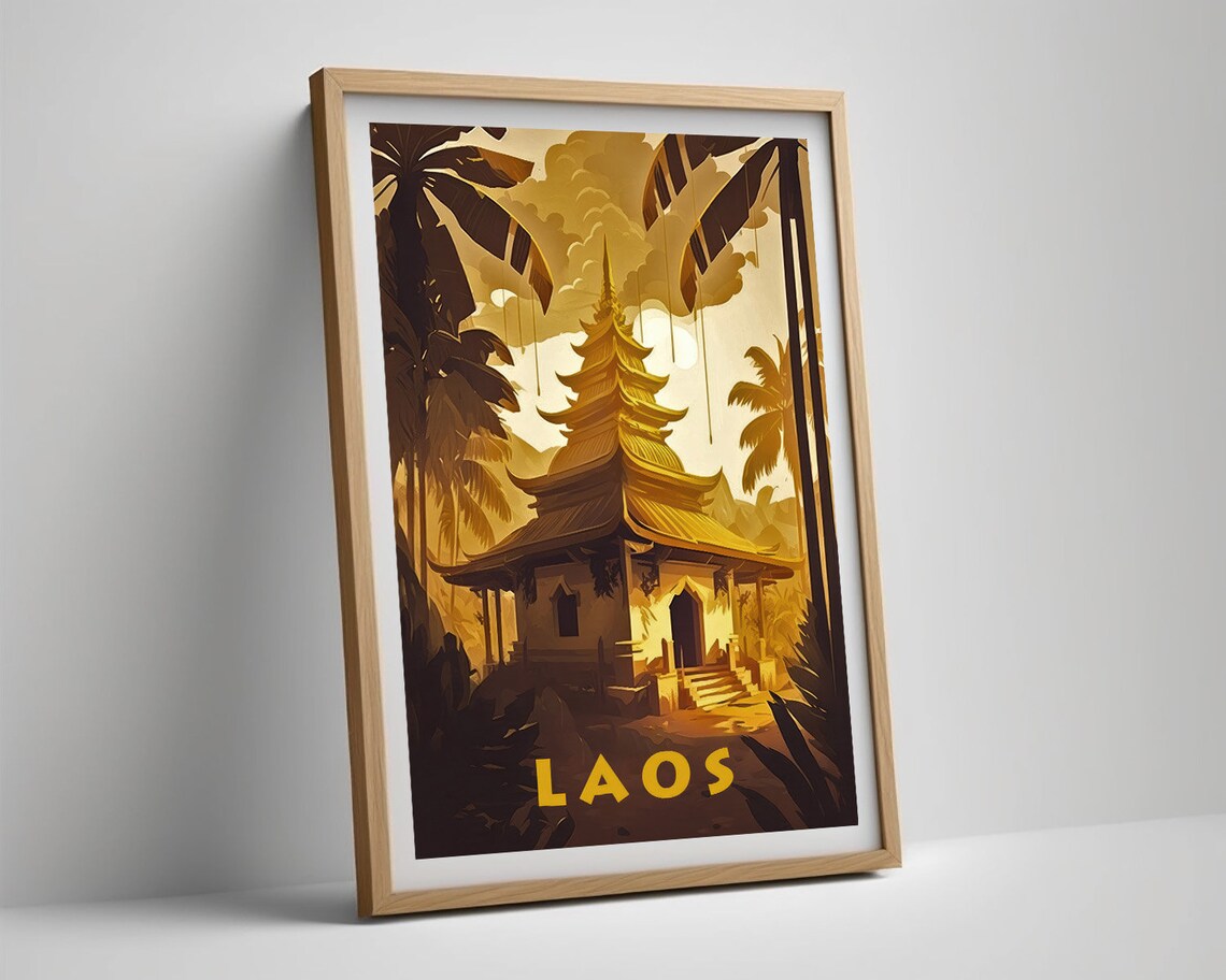 Laos Golden Pagoda Temple Jungle Palms Sepia Vintage Travel Poster - Image 5