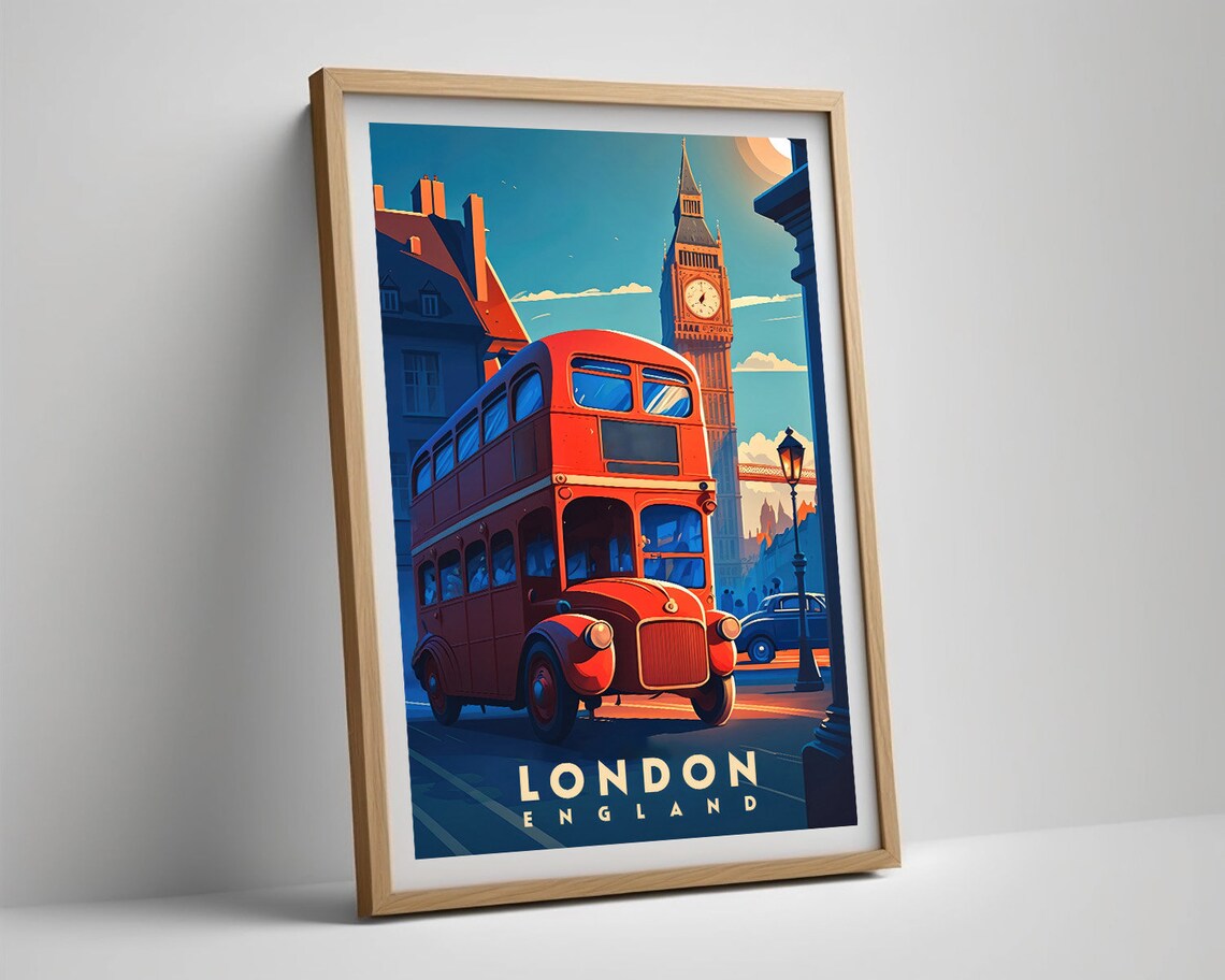 London England Vintage Travel Poster Red Bus Big Ben Skyline - Image 5