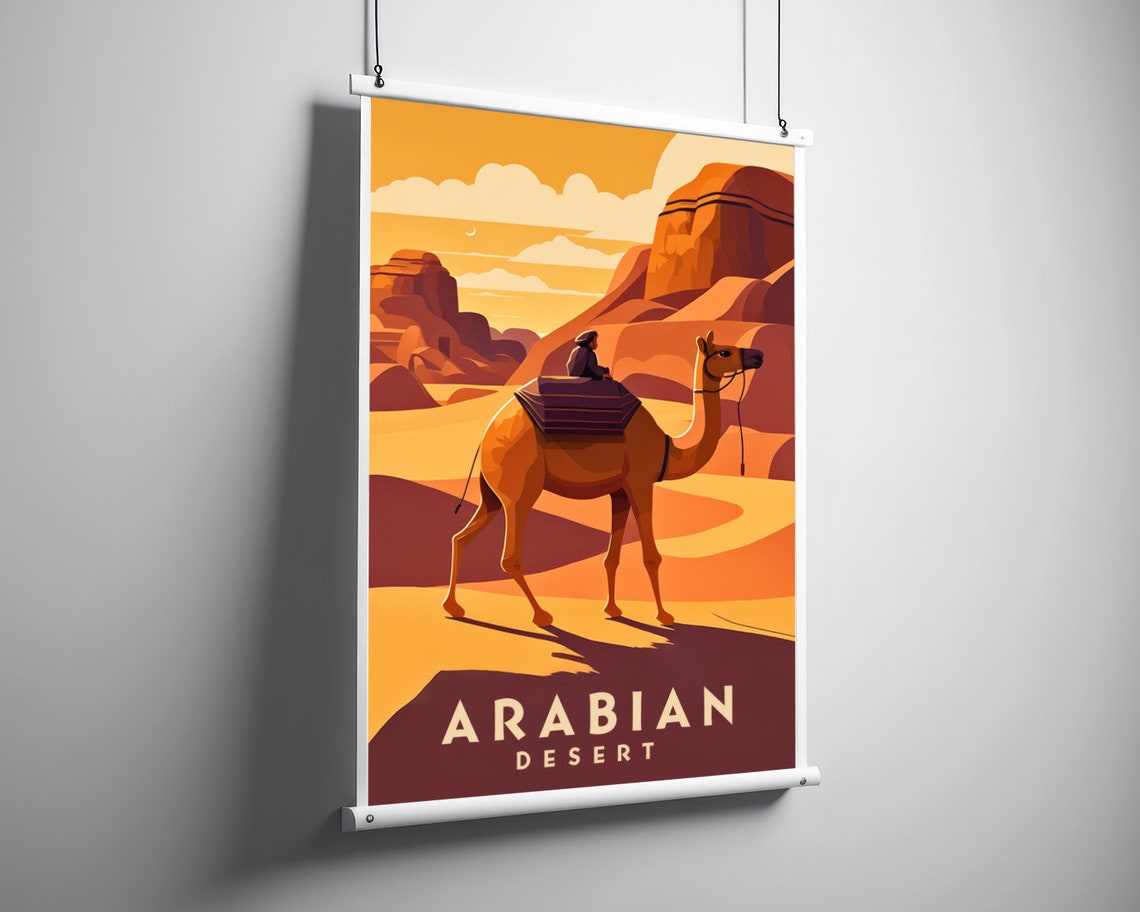 Arabian Desert Camel Rider Golden Dunes Sunset Retro Travel Poster - Image 3