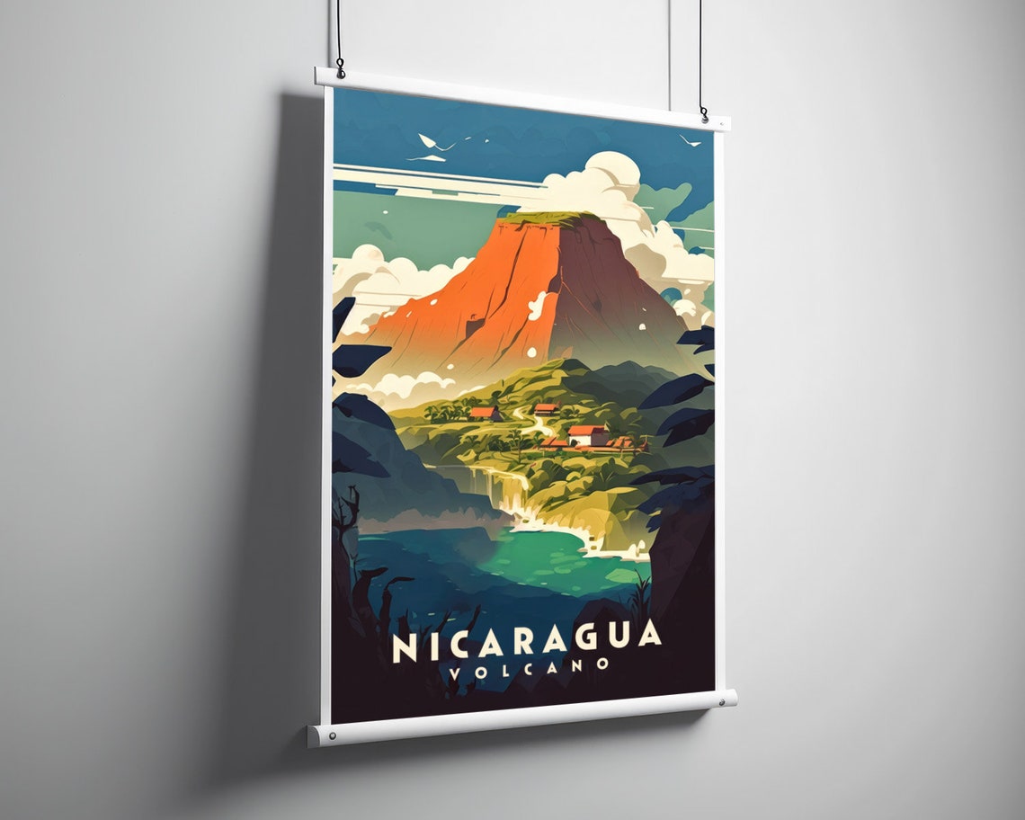 Nicaragua Volcano Red Peak Lakeside Village Retro Travel Poster - Image 2