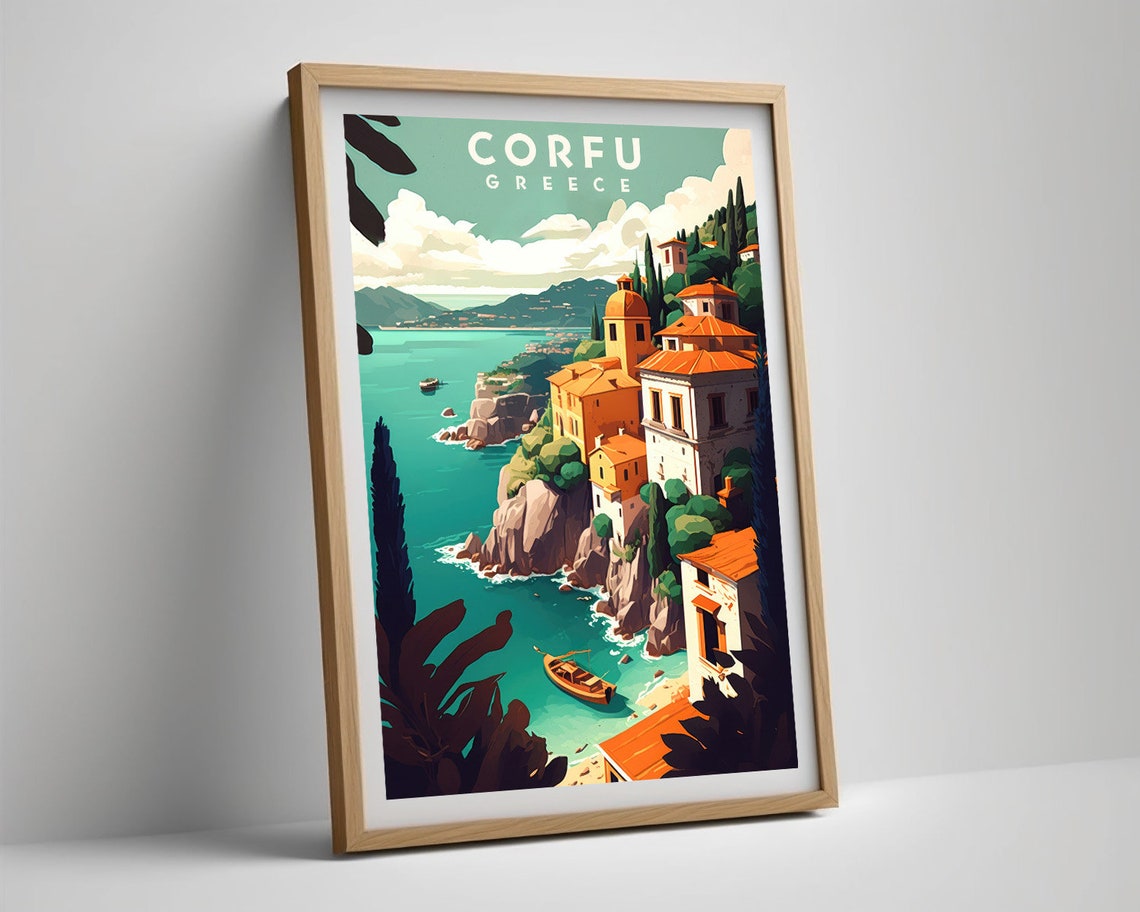 Corfu Greece Cliffside Village Ionian Coast Island Travel Poster - Image 5