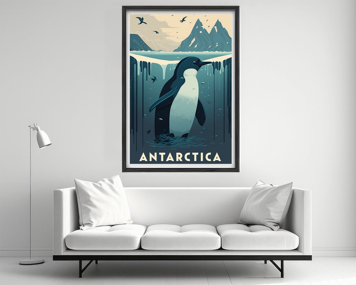 Antarctica Penguin Ice Cliffs Snowy Coast Vintage Travel Poster - Image 2