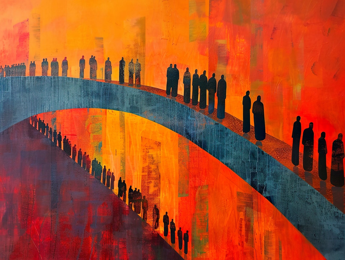 Crowd Crossing Bridge Fiery Orange Abstract Figurative Poster