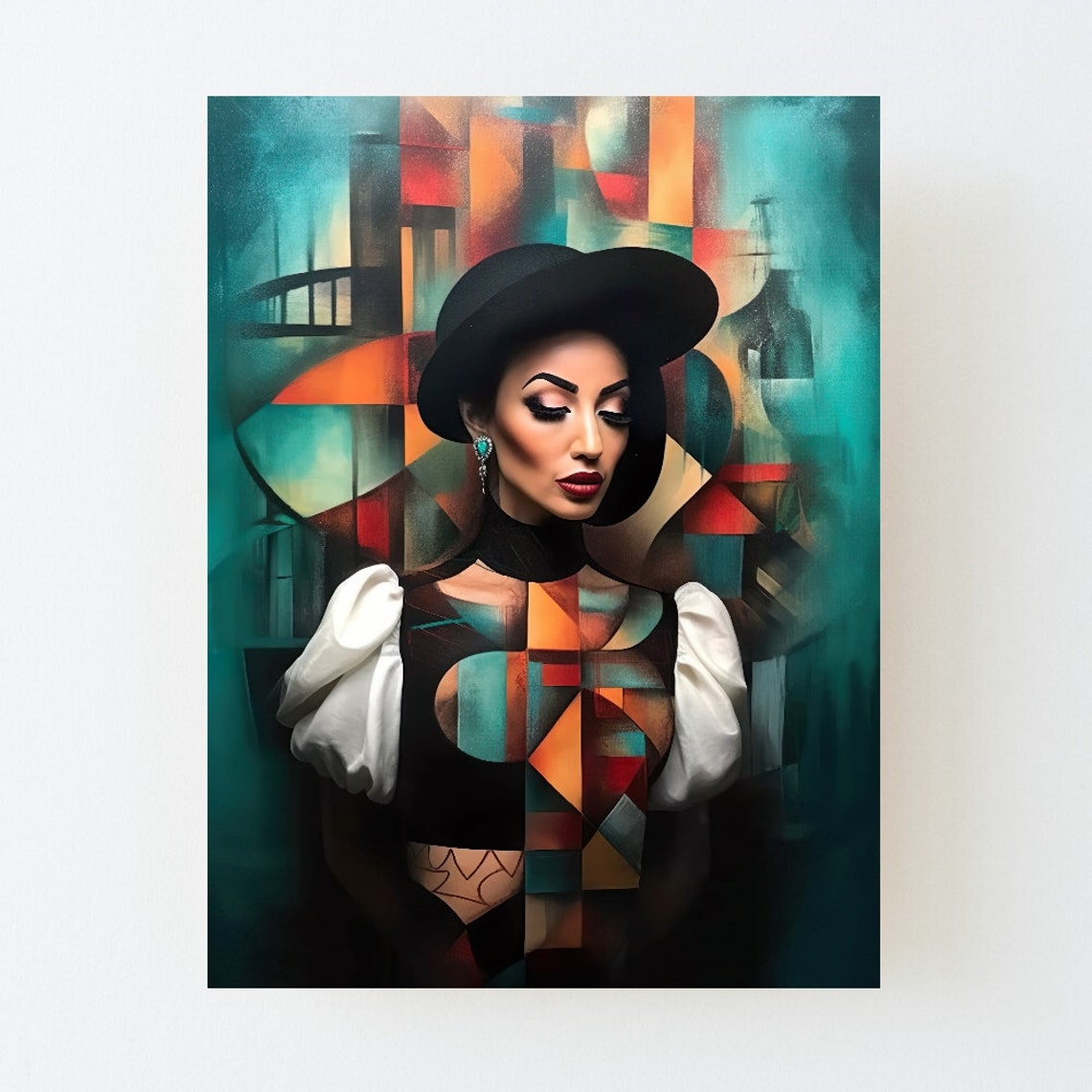 Abstract Woman Black Hat Cubist Portrait Bold Colorful Wall Art