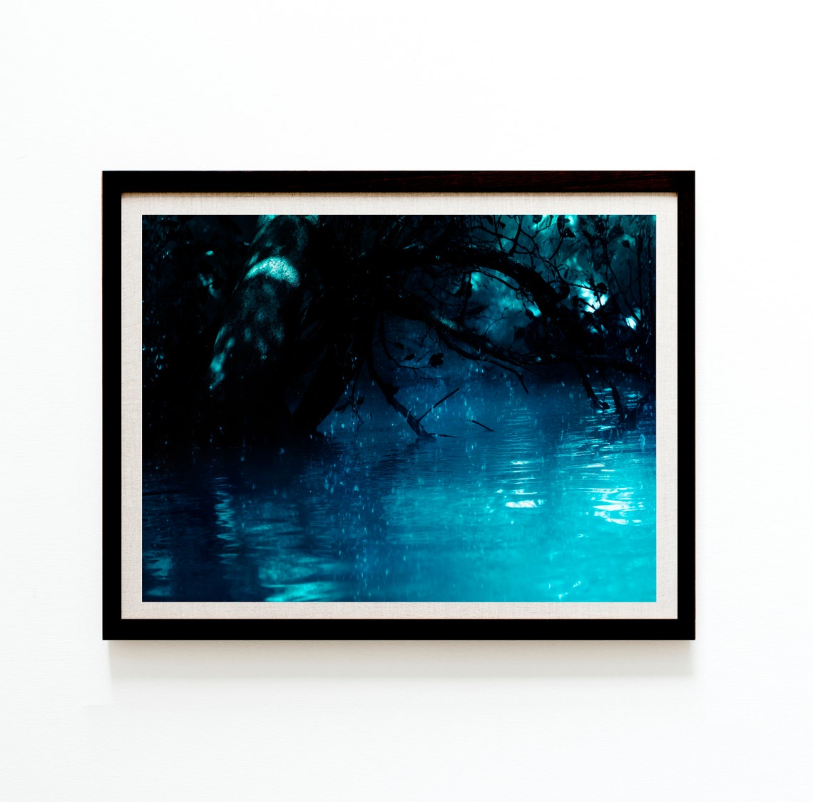 Glowing Blue Water Night Tree Magical Bioluminescent Art Print