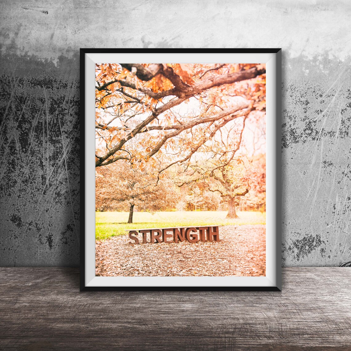 Strength Block Letters Golden Autumn Park Quote Photography Poster