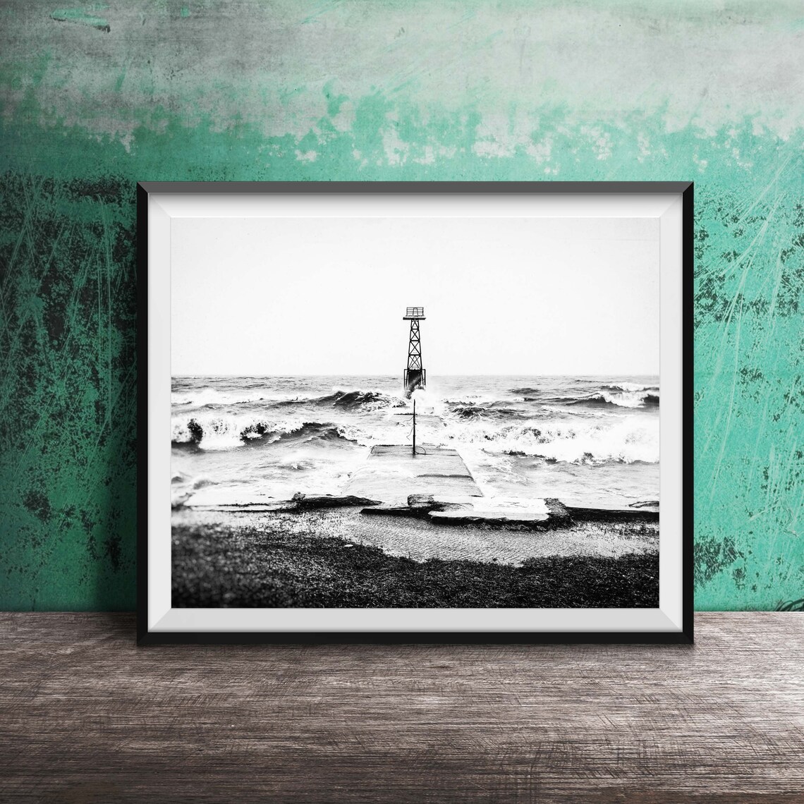 Lake Michigan Storm Waves Over Pier Beacon Photography Poster - Image 2
