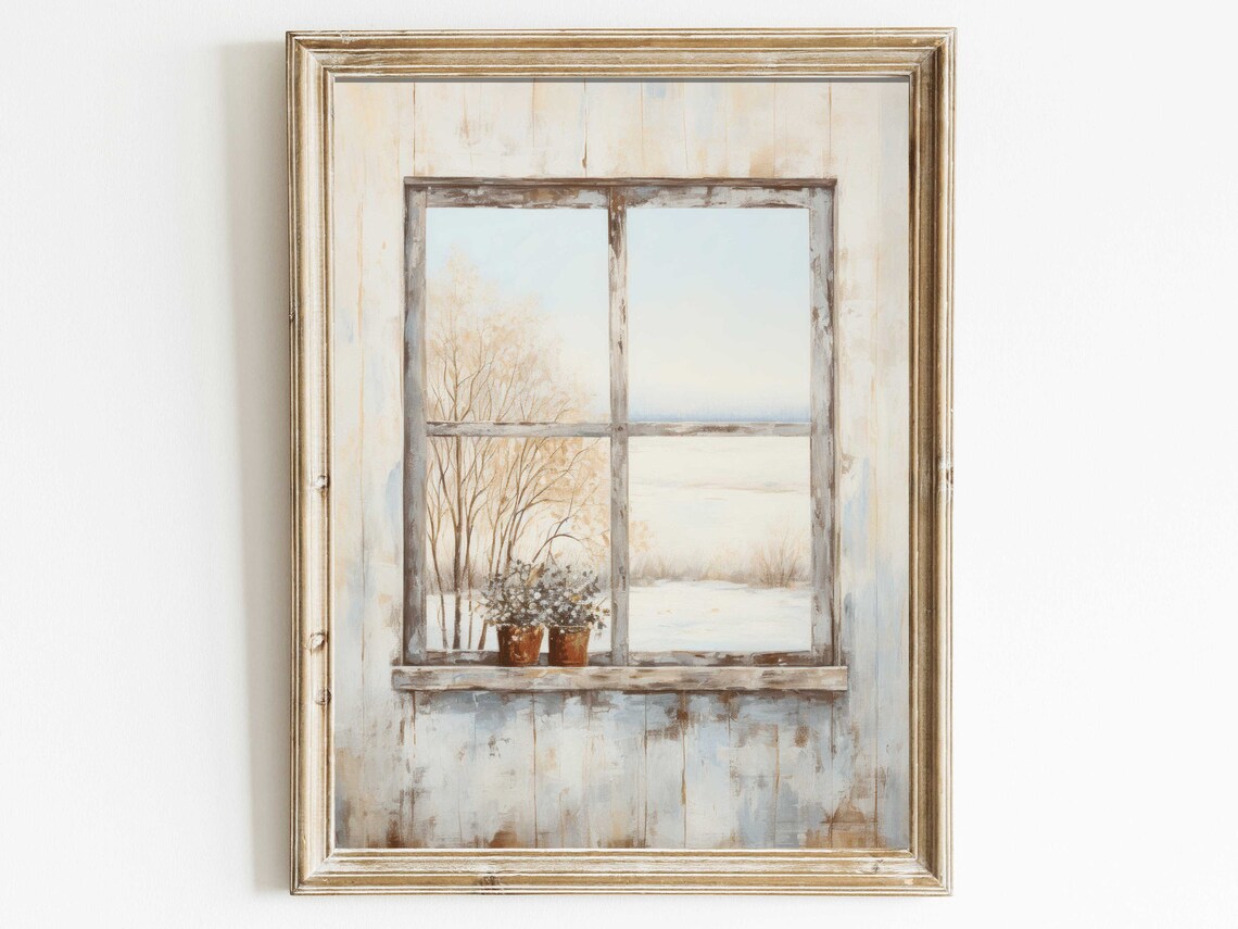 Vintage Window Painting Art Print, Rustic Farmhouse