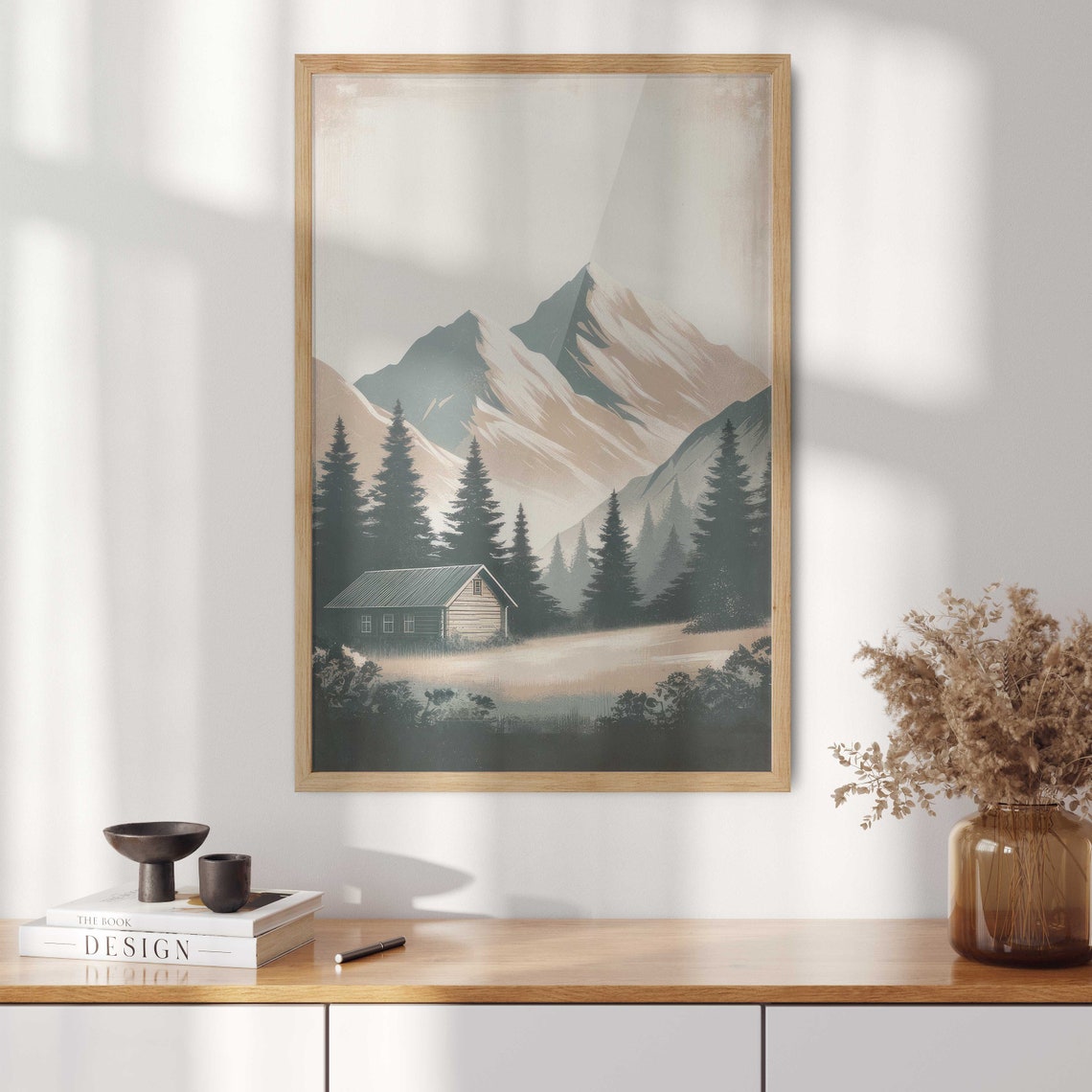 Rustic Mountain Cabin Nestled Among Snowy Peaks and Tall Pines Poster - Image 2