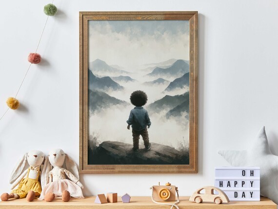Little Boy Gazing Over Misty Mountain Peaks Nursery Wall Art