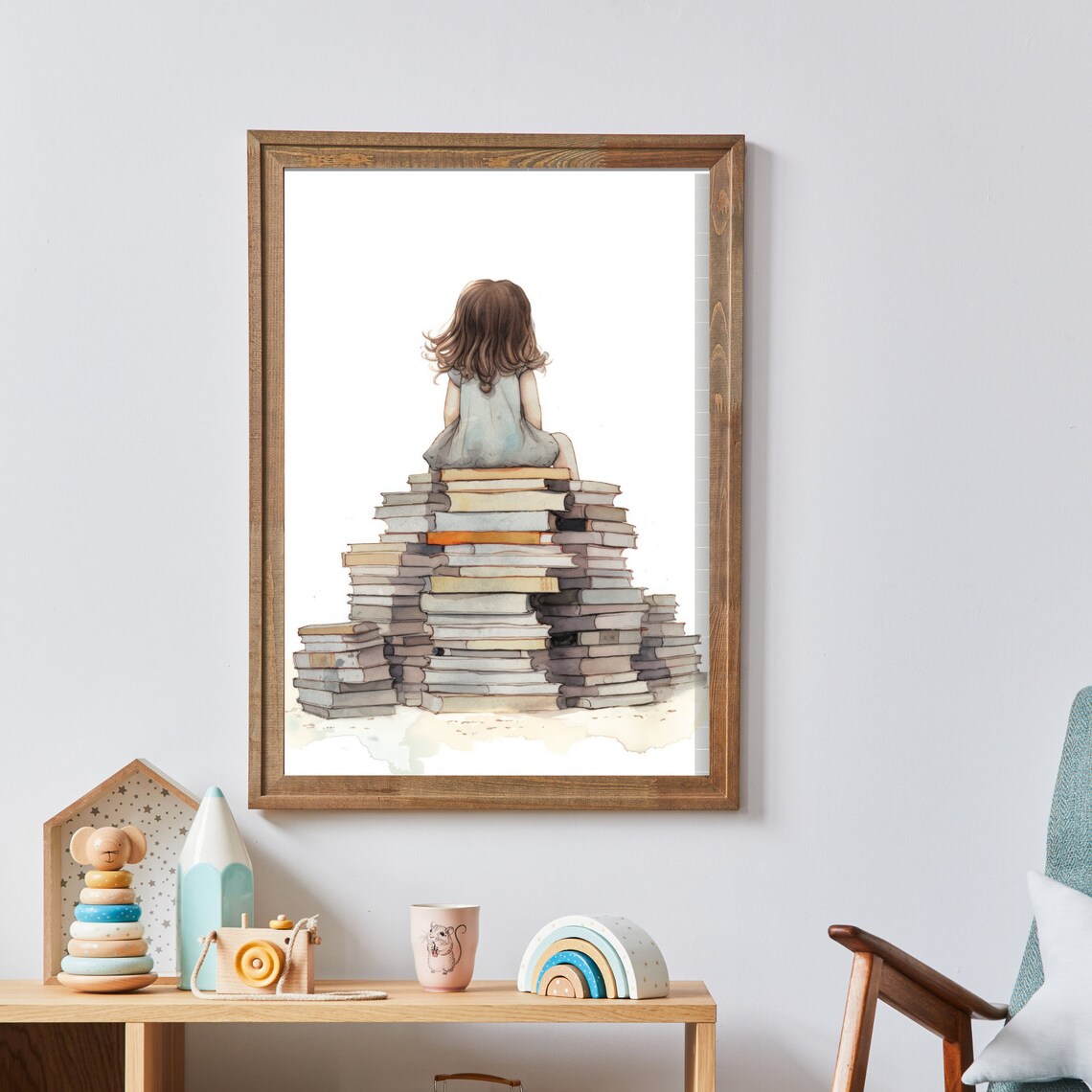 Little Girl Reading on Tall Stack of Books Watercolor Nursery Poster - Image 2