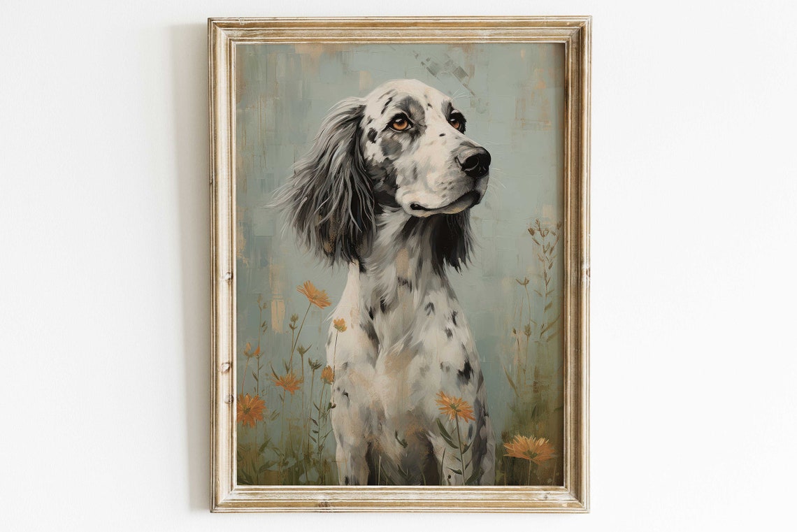 English Setter Dog Portrait with Orange Wildflowers Art Poster