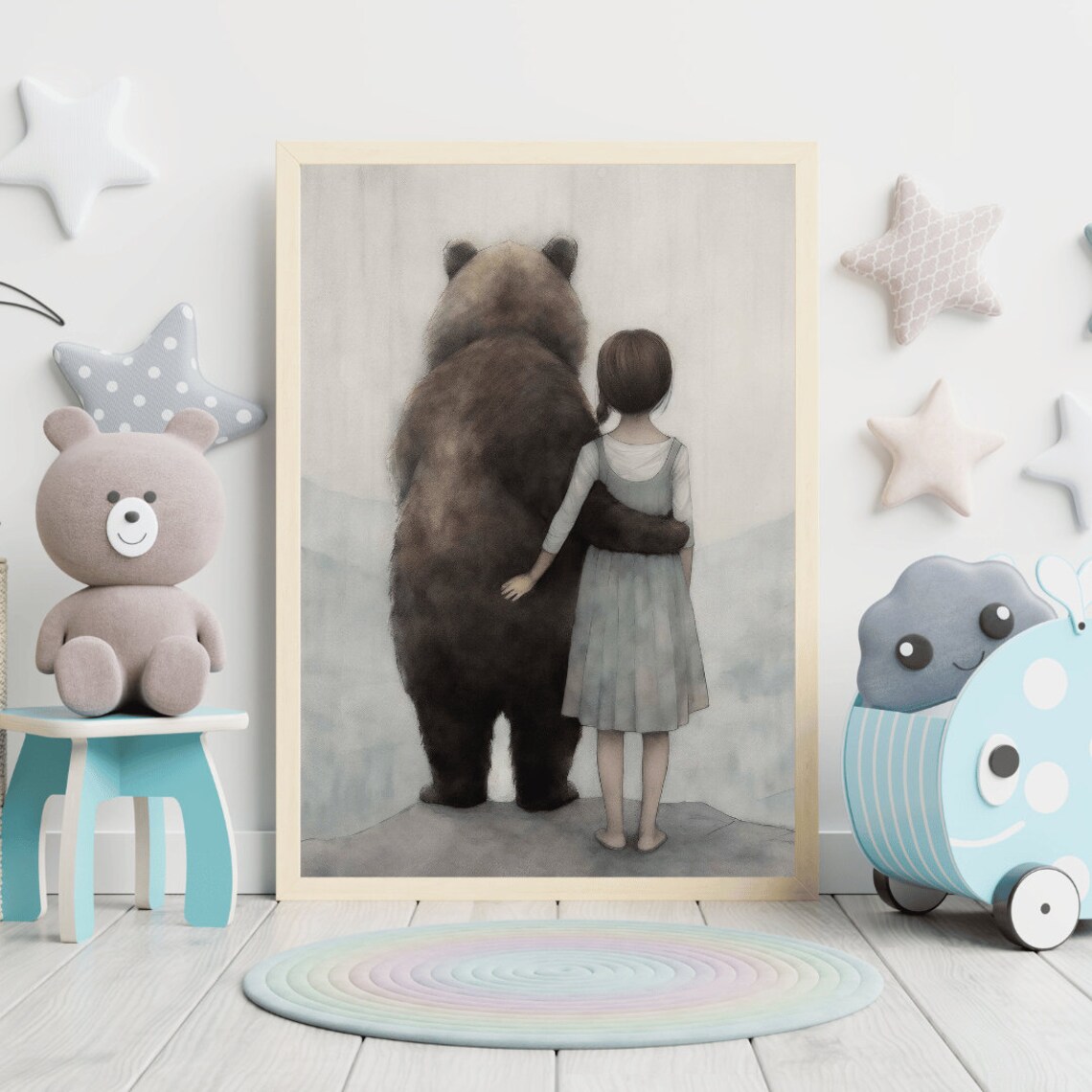 Little Girl and Brown Bear Friends Woodland Forest Nursery Poster - Image 2