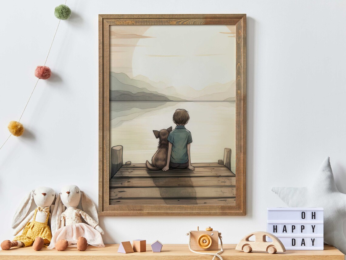 Boy and Dog Art Print, Boys Room Nursery Decor