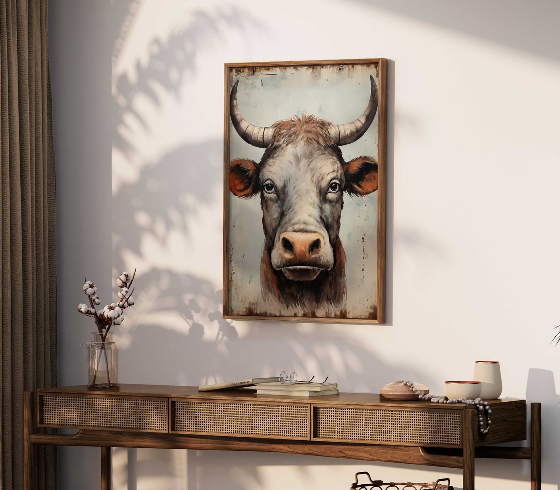Expressive Highland Cow Portrait With Curved Horns Farm Art Poster - Image 2