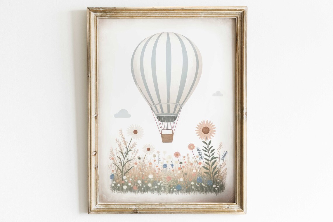 Blue Striped Hot Air Balloon Poster Wildflower Meadow Nursery Decor - Image 3