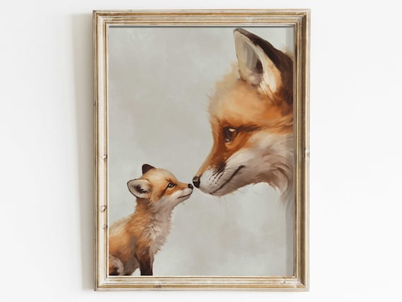 Mother Fox and Kit Poster Tender Nose to Nose Woodland Nursery Art