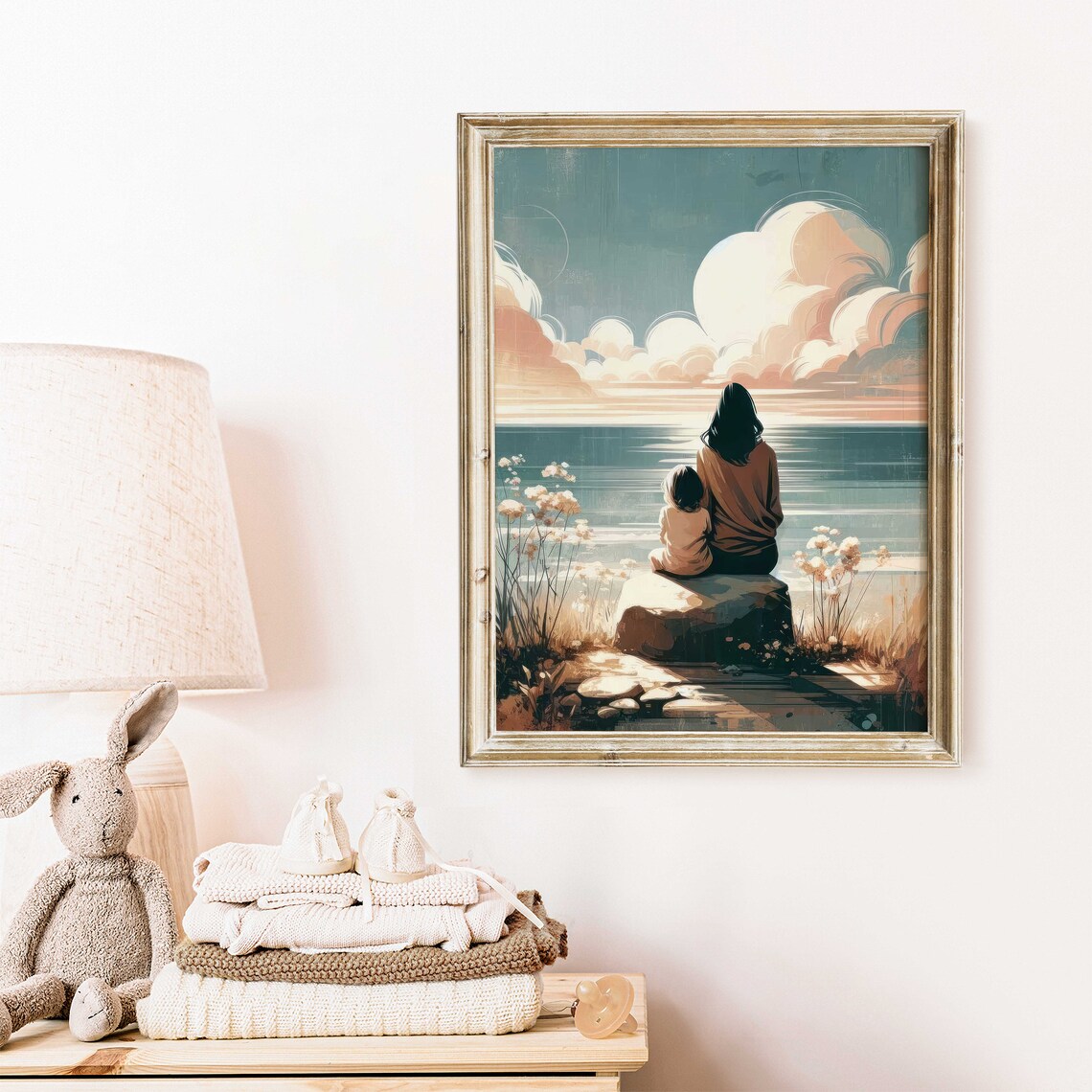 Mother And Daughter By The Sea At Sunset Vintage Style Poster - Image 2