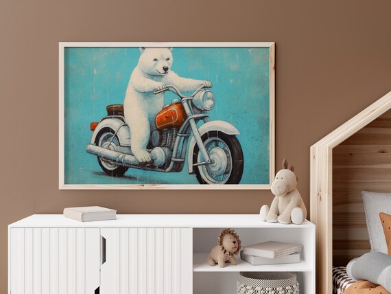 Polar Bear Riding Red Motorcycle Poster Fun Retro Kids Room Decor Art