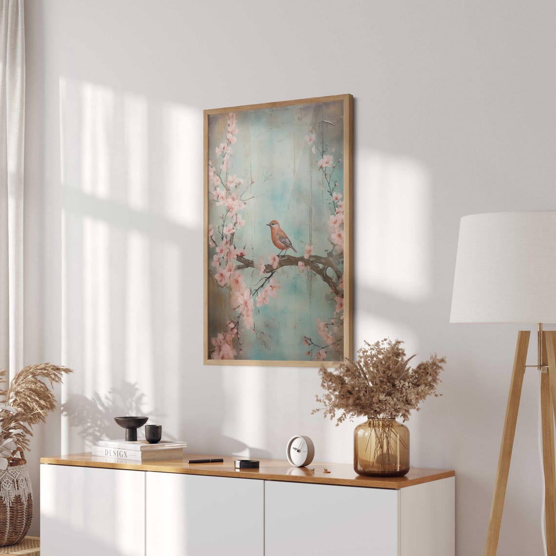 Songbird on Cherry Blossom Branch with Turquoise Background Art Poster - Image 2