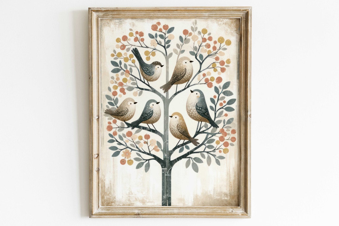Six Birds On Berry Tree Poster Vintage Rustic Farmhouse Animal Decor