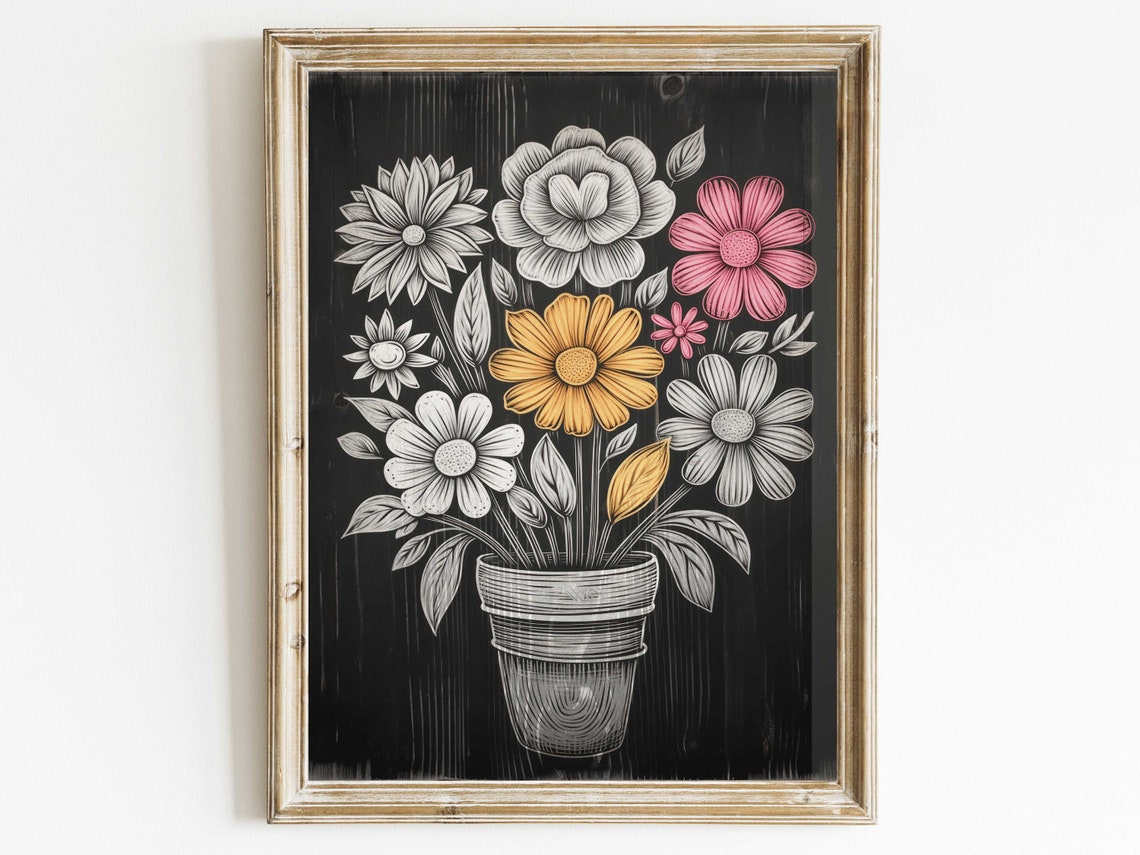 Chalkboard Style Flower Pot Bouquet on Black Background Poster