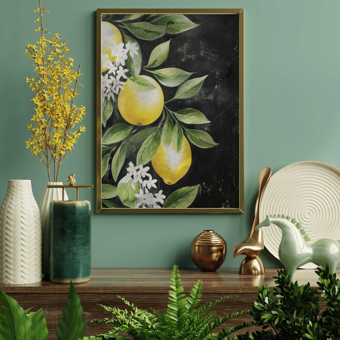 Yellow Lemons With Green Leaves And Blossoms On Black Botanical Print - Image 2