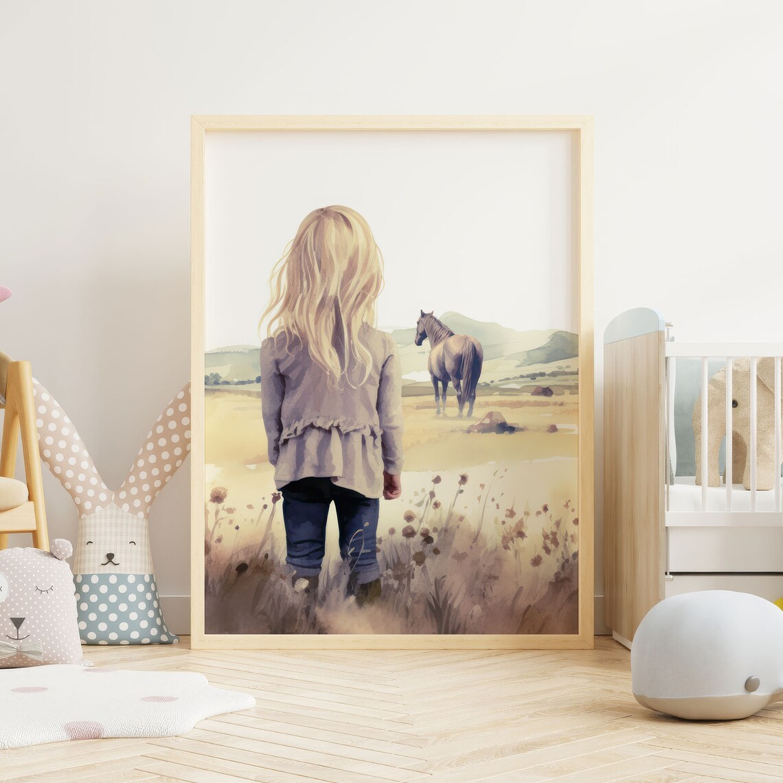 Little Girl Watching Horse in Wildflower Meadow Nursery Poster - Image 2