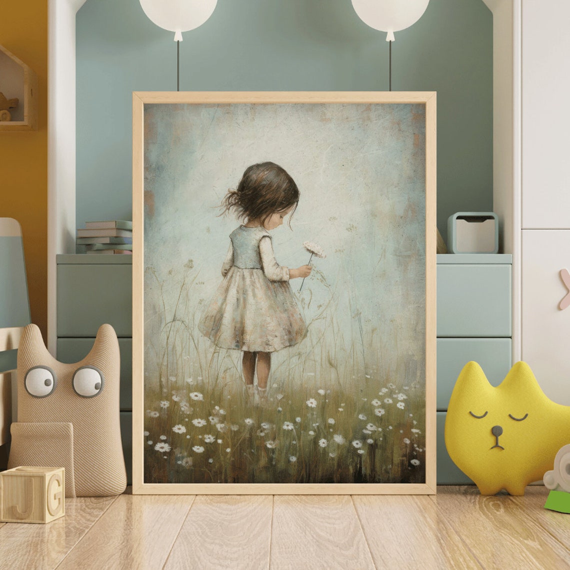 Little Girl With Dandelion In Wildflower Meadow Nursery Poster - Image 2
