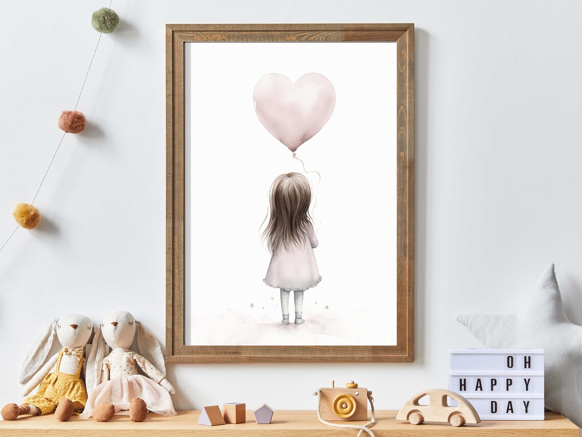 Little Girl Holding a Pink Heart Balloon Sweet Nursery Wall Poster