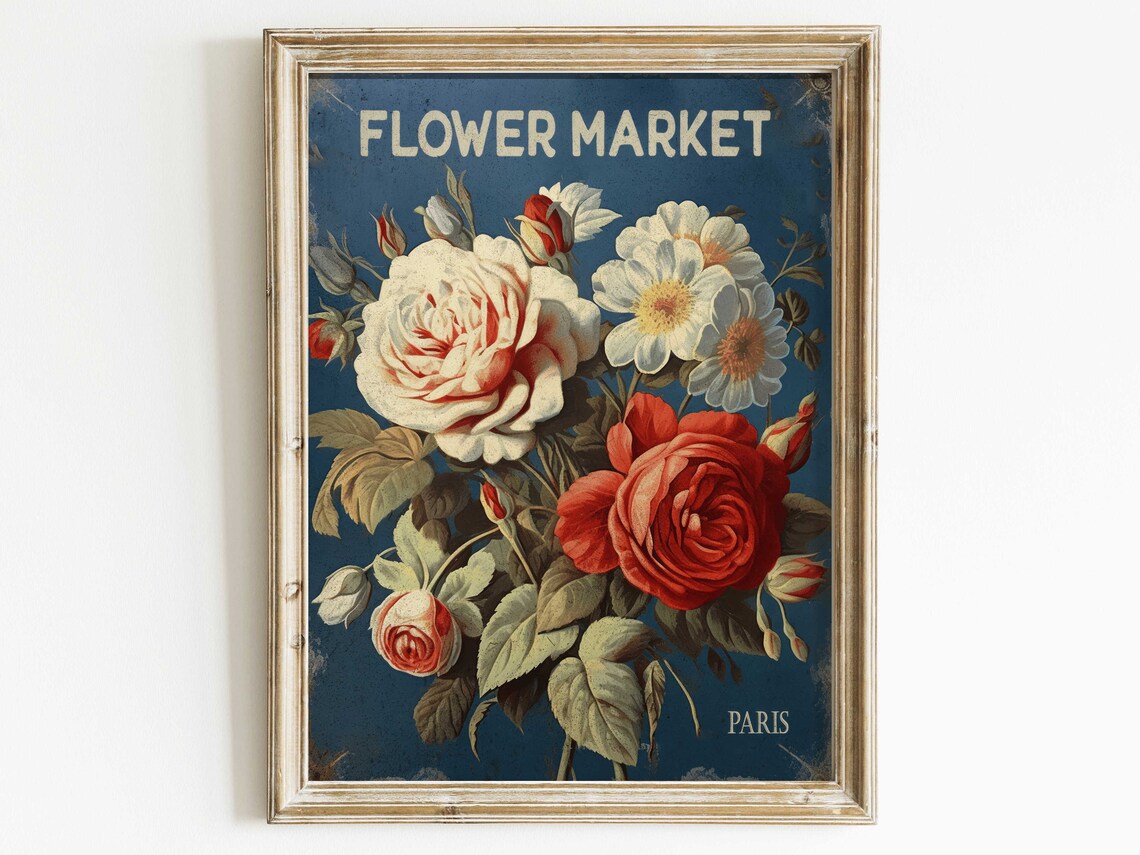 Flower Market Paris Vintage Rose Bouquet Navy Floral Art Print