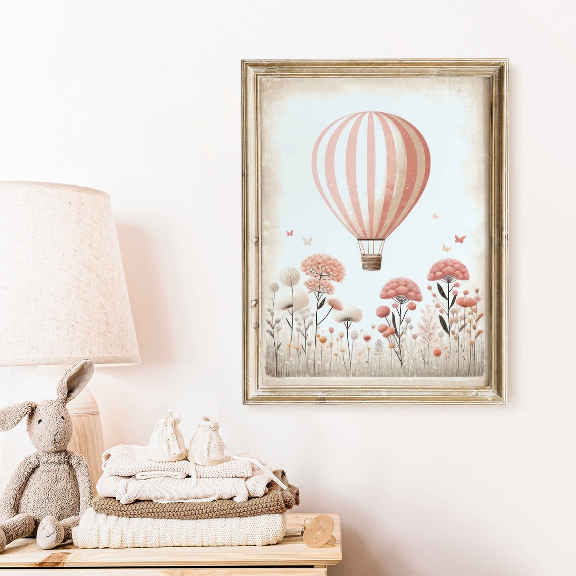 Pink Hot Air Balloon Over Wildflower Field Nursery Art Print - Image 2