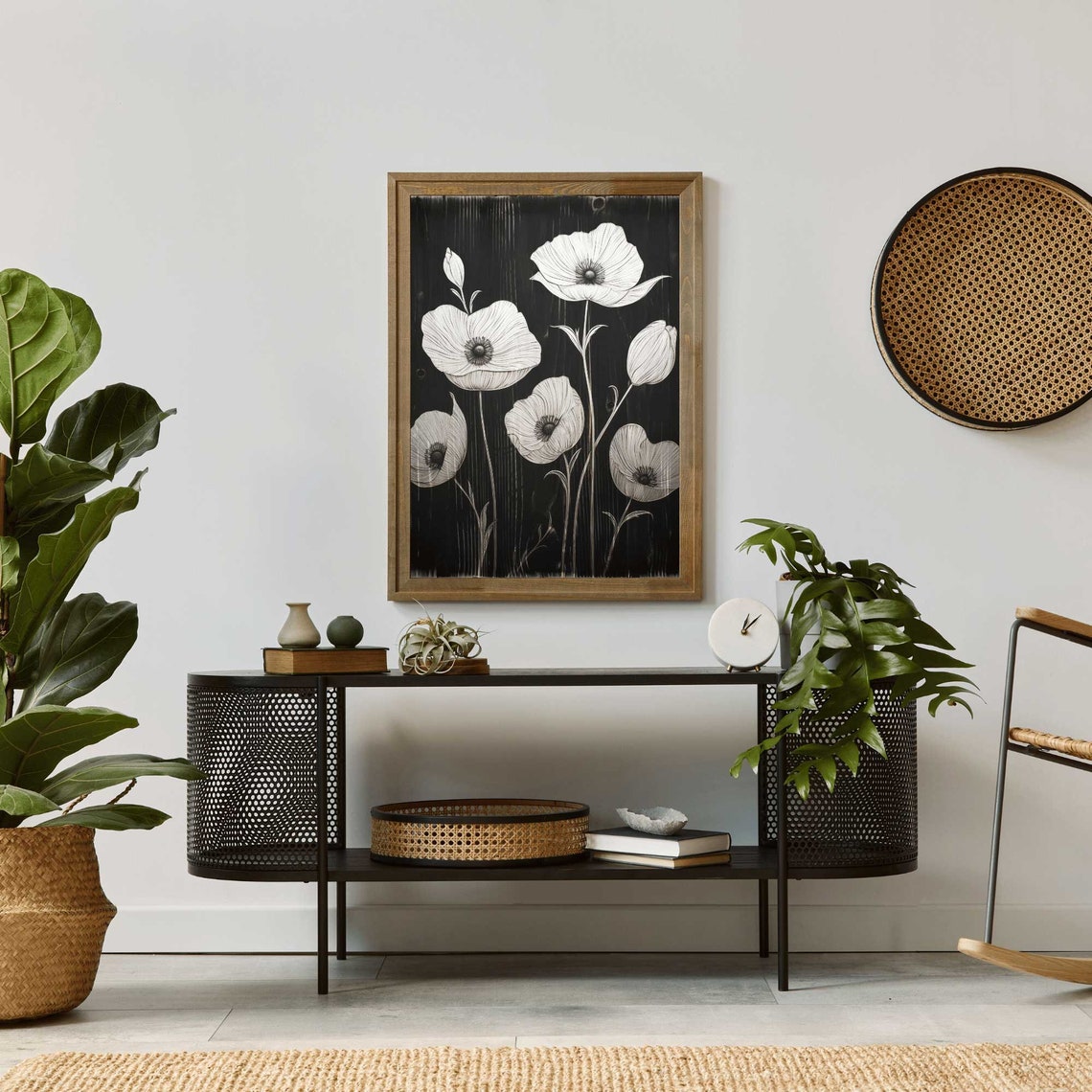 White Poppy Flowers On A Black Background Bold Floral Wall Art - Image 2