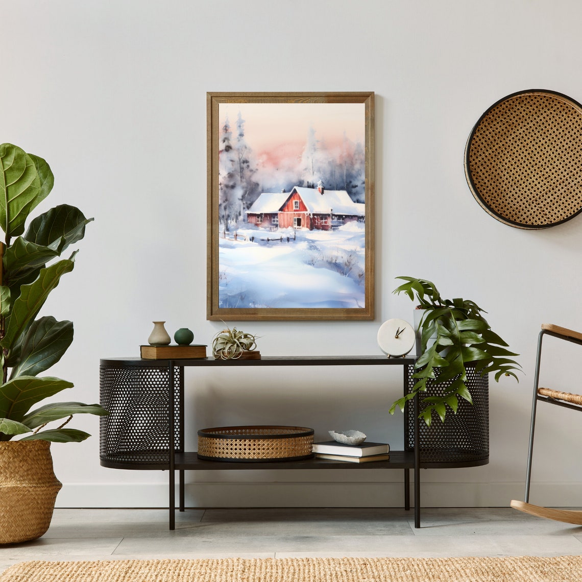 Red Cabin in a Snowy Winter Forest Watercolor Landscape Poster - Image 2