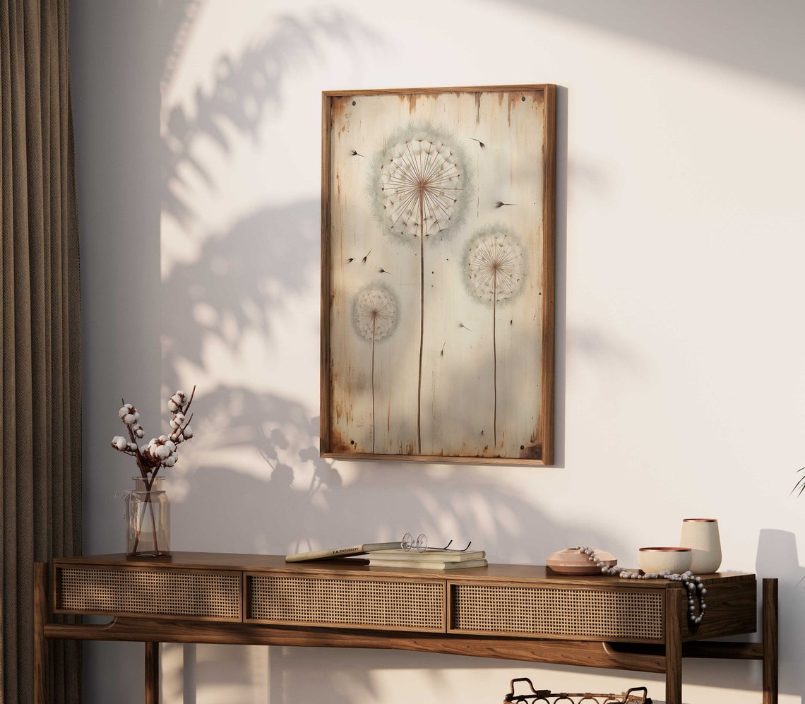 Three Dandelion Clocks on Rustic Wood Make a Wish Botanical Poster - Image 2